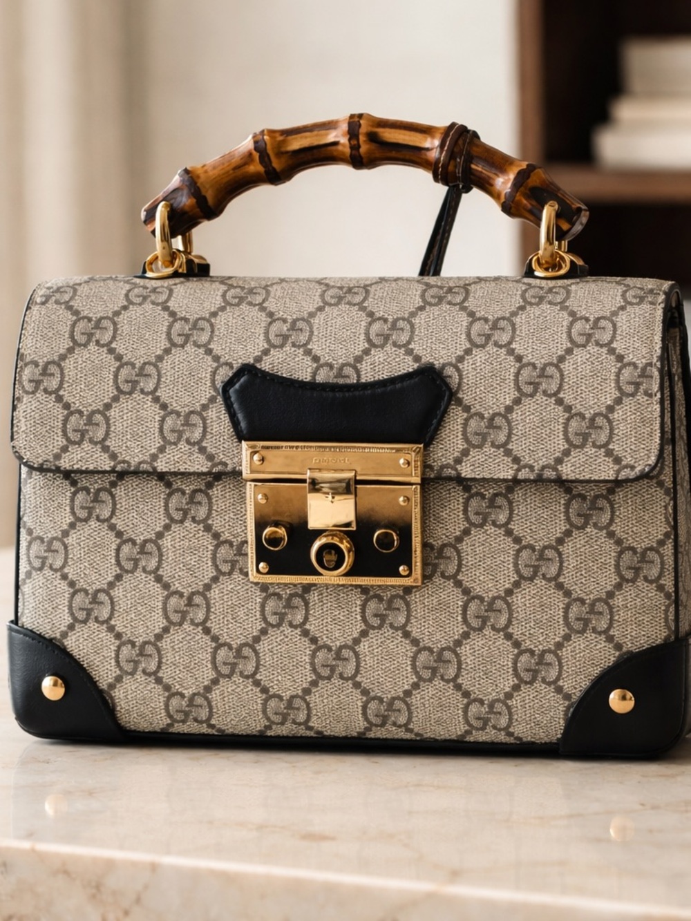 Gucci Beige GG Supreme Canvas Crossbody with Black Trim & Bamboo Handle